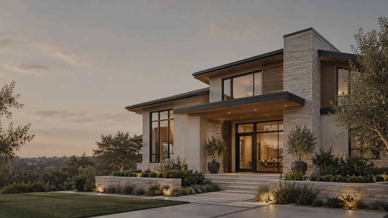 Modern architectural residence at dusk, warmly lit