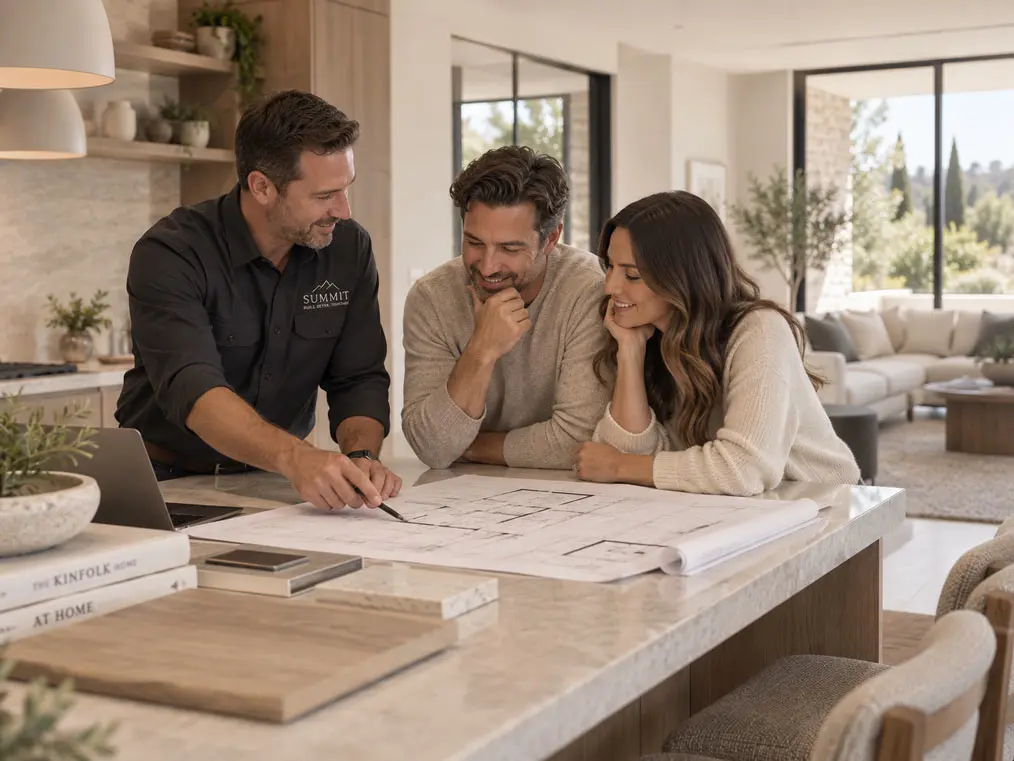 Contractor reviewing addition plans with homeowners at their kitchen island